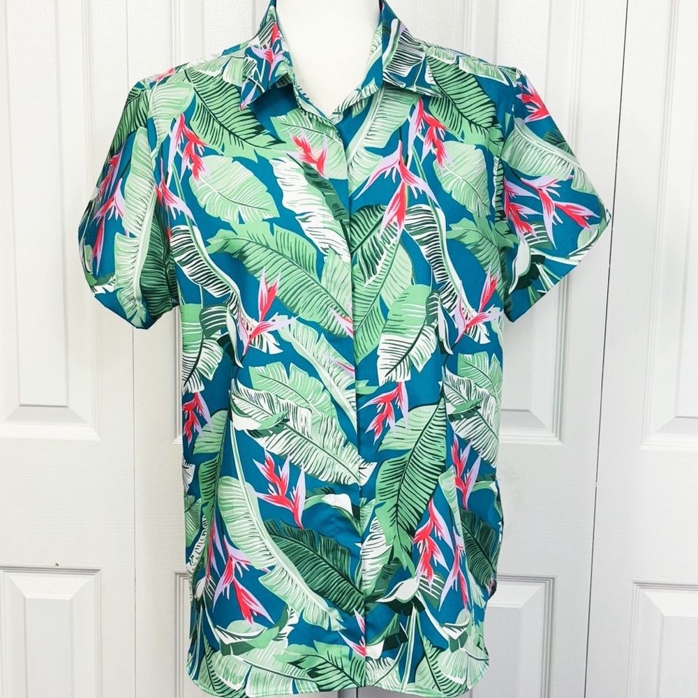 Lands' End Colorful Tropical Palm Leaf Print No-Iron Supima Blouse 12